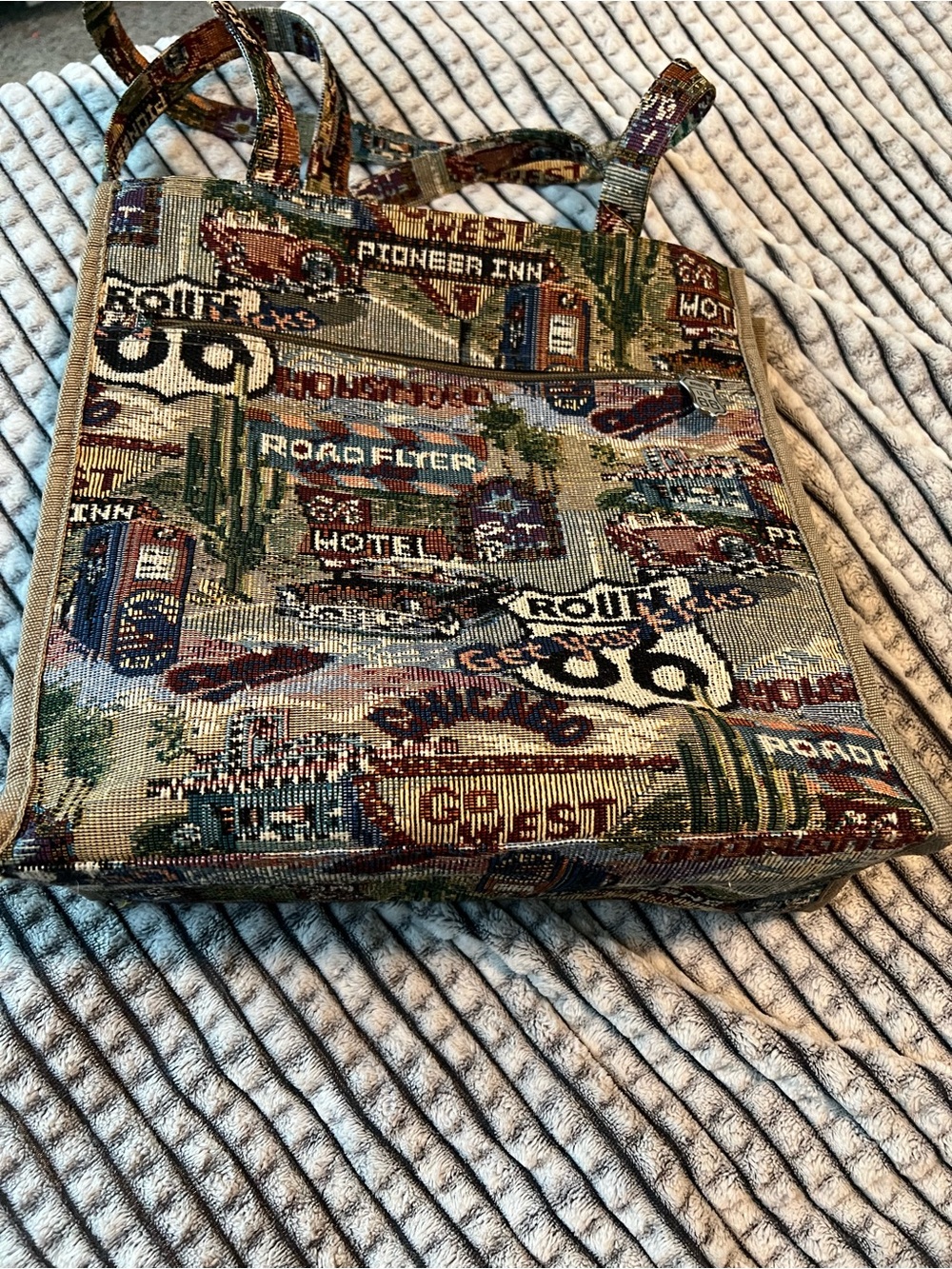 Jade Tapestry Messenger Bag - Multicolor Route 66 Motif